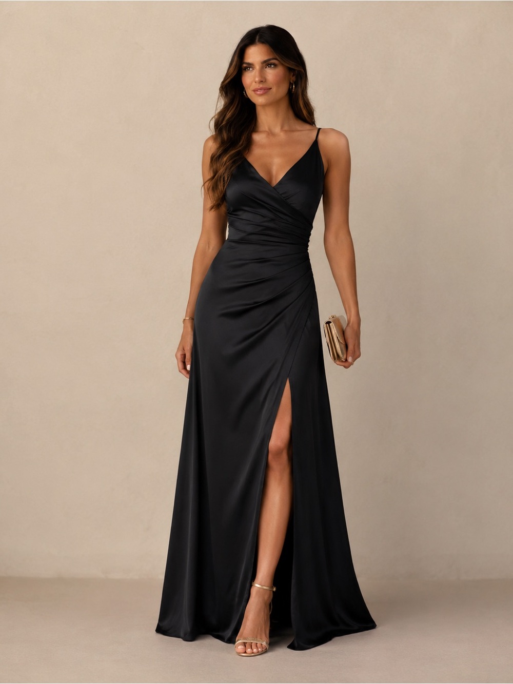 Black Satin Faux Wrap V-Neck Draped Strappy Gown Elegant Formal Flattering